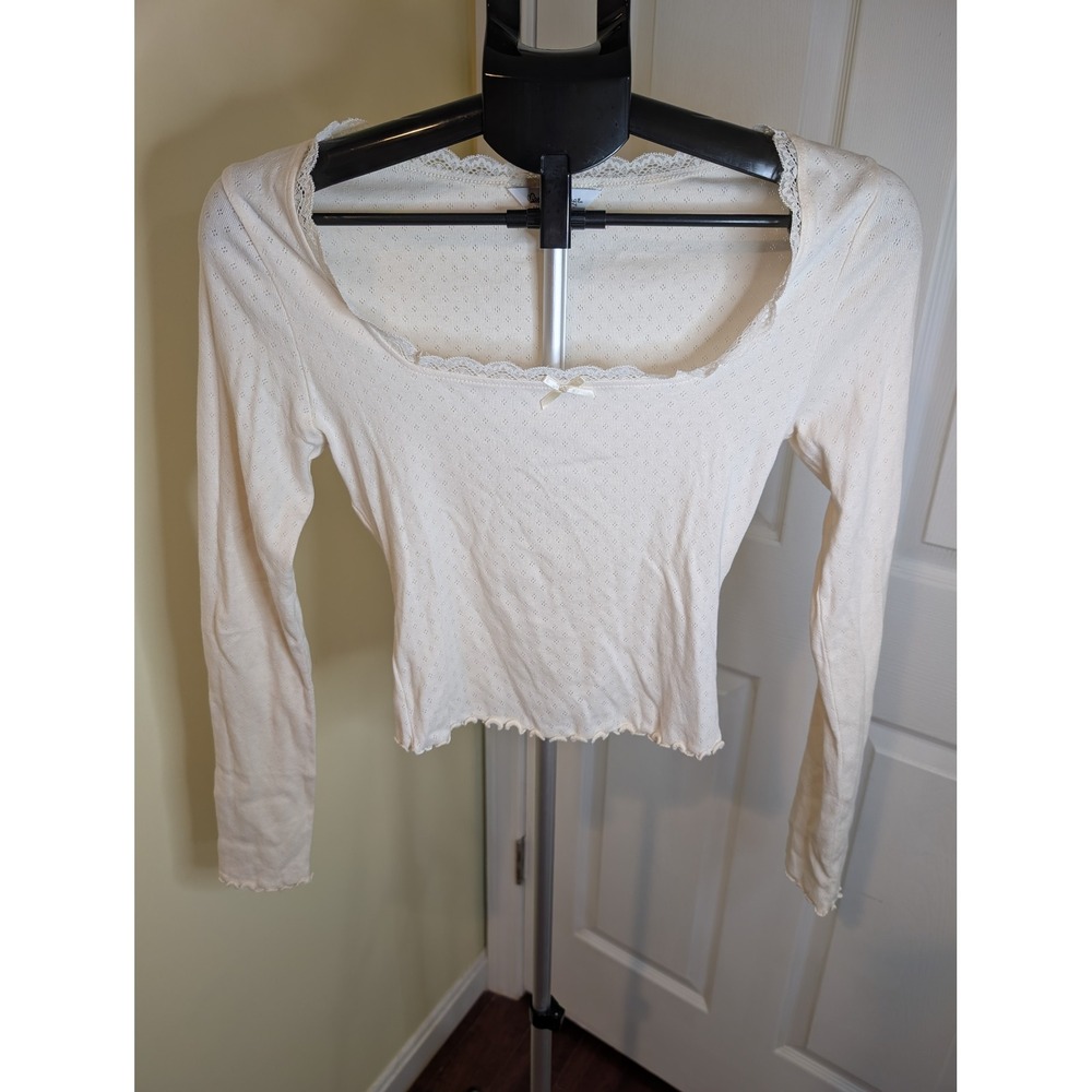 Miss Selfridge Pointelle Top Women Size 4 Cream Lace Trim Bow Lettuce Hem Top